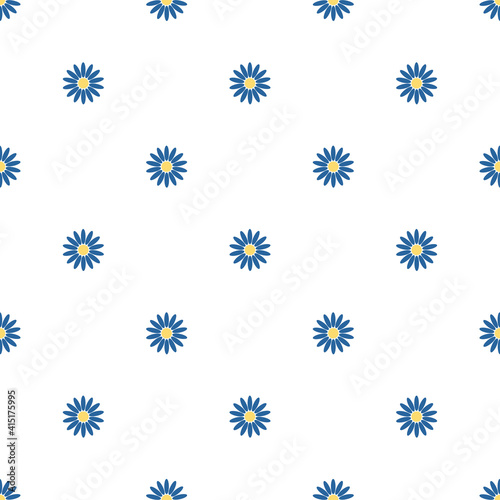 Small blue chamomile flowers isolated on white background. Cute floral seamless pattern. Vector simple flat graphic illustration. Texture.