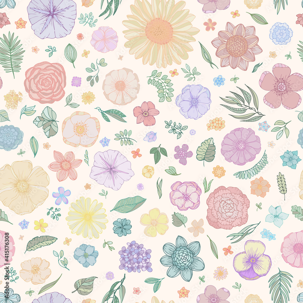 Seamless pattern with summer flowers for design. Hand draw doodle vector graphics. Plants in sketch style. For background, paper, fabric, packaging. Seamless pattern with summer flowers for design. Hand draw doodle vector graphics. Plants in sketch style. For background, paper, fabric, packaging.