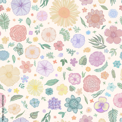 Seamless pattern with summer flowers for design. Hand draw doodle vector graphics. Plants in sketch style. For background  paper  fabric  packaging.
