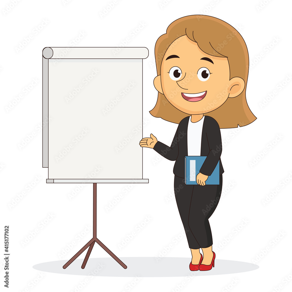 business woman standing next to presentation board business woman standing next to presentation board