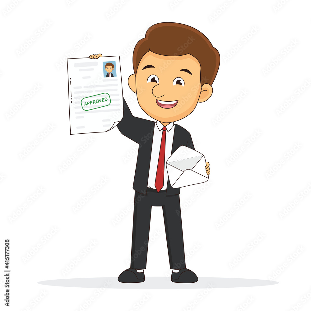 Happy businessman receives letter and jumping approved for new job Happy businessman receives letter and jumping approved for new job