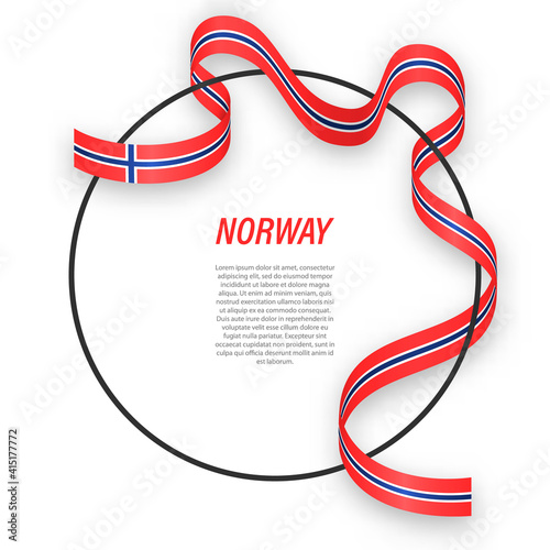 Waving ribbon flag of Norway on circle frame. Template for independence day poster