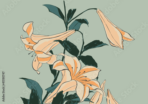 Trumpet Lilies Japanese Woodblock Print Style Vector Illustration