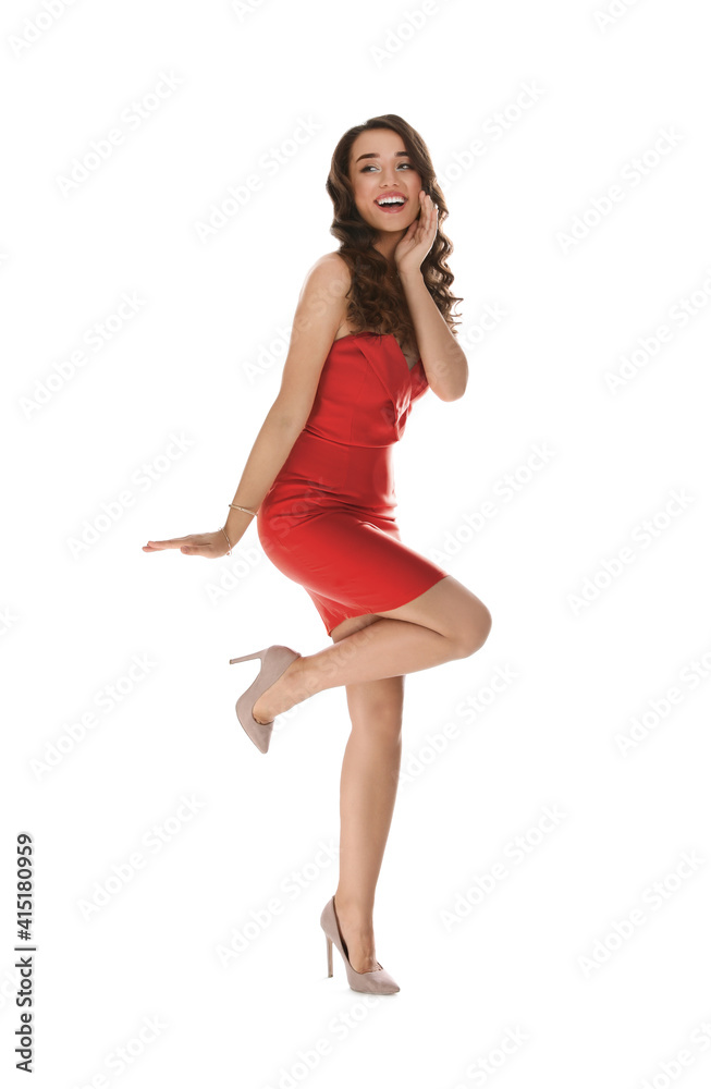 Beautiful young woman wearing elegant dress on white background. Christmas party Beautiful young woman wearing elegant dress on white background. Christmas party