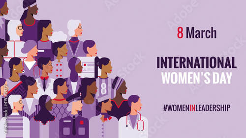 International Women's Day. Women in leadership, woman empowerment, gender equality, girl power concepts. Crowd of women of diverse age, races and occupation. Vector horizontal banner. photo