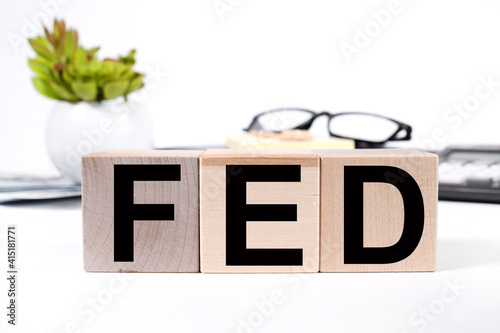 FED. text on wood cubes on white background near plants, calculator, glasses