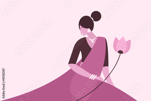 Illustration of a woman wearing  traditional  Indian dress holding lotus flowers