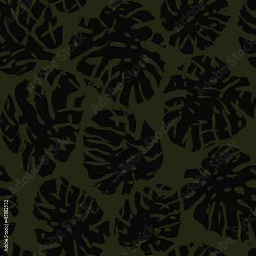 Tropical seamless pattern with abstract Leaf Monstera. Vector floral background in trendy minimalistic style. Modern design on dark khaki green for vacation and travel. Design for paper, cover,