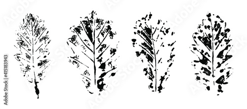 Texture of ink stamps of leaves. Grunge silhouettes of plants