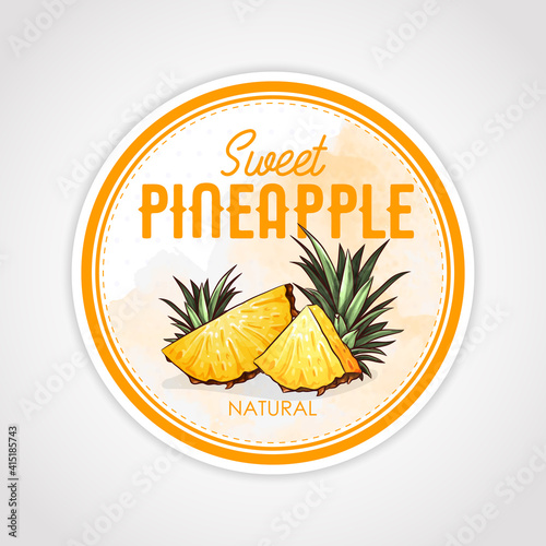 Round label or sticker design in vintage style with pineapple illustration. Sweet natural pineapple. For natural or organic fruit products and health care goods.