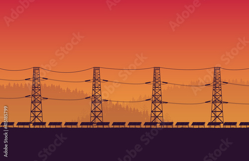 silhouette solar panel farm with high voltage electric pole on orange gradient background