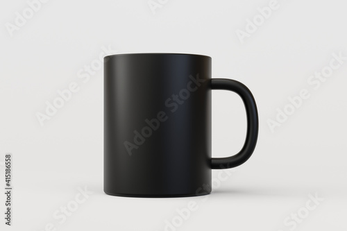 Black coffee cup or empty mug for drink isolated on white background with blank ceramic porcelain mockup template. 3D rendering.