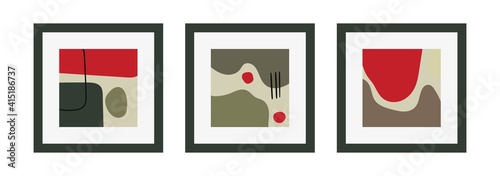 Set of three Abstract modern Vector Backgrounds. Hand drawn various Shapes. Mid century style. Boho elegant concept. Square Pattern. Contemporary design. Poster or print template. Isolated on white