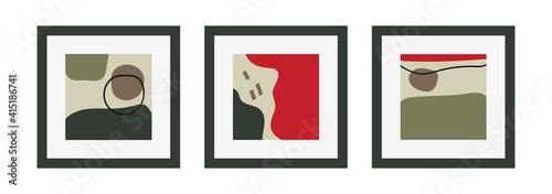 Set of three Abstract modern Vector Backgrounds. Hand drawn various Shapes. Mid century style. Boho elegant concept. Square Pattern. Contemporary design. Poster or print template. Isolated on white
