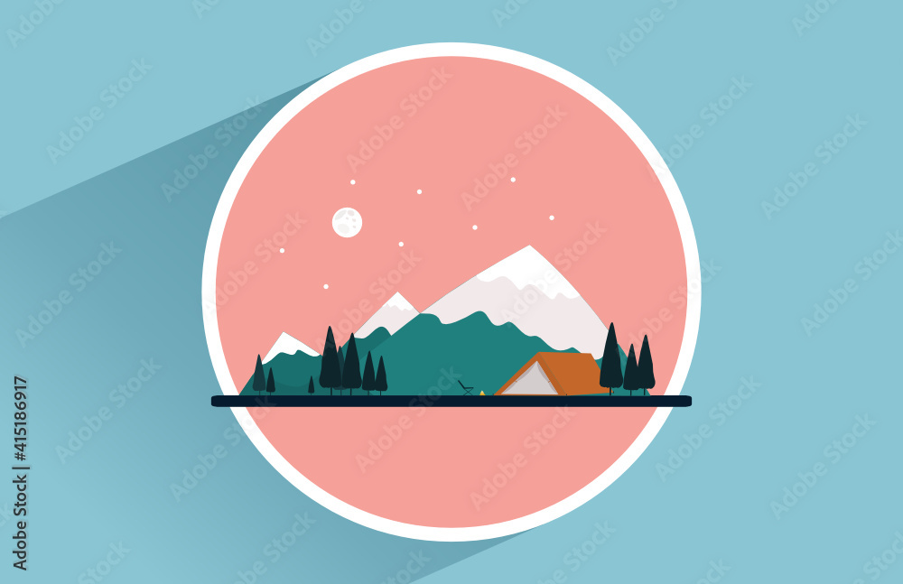 Obraz premium Decoration A camping night atmosphere at the foot of a snowy mountain, with the moon, stars and pine forests. Nature background, vector icon illustration on frame