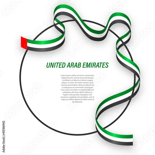 Waving ribbon flag of United Arab Emirates on circle frame. Template for independence day poster