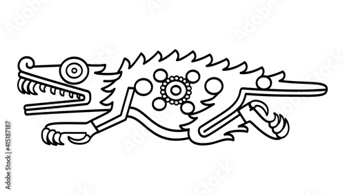 Aztec crocodile symbol, black and white illustration. Depicted in Codex Laud in 16th century. Also Cipactli, first day of divinatory count. Sign of a crocodile with precious stones on its body. Vector