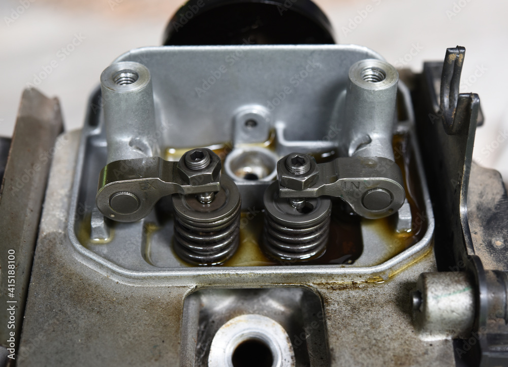 Disassembled four-stroke gasoline engine. Detailed shot of Exhaust and intake valve .Brush cutter machine Disassembled four-stroke gasoline engine. Detailed shot of Exhaust and intake valve .Brush cutter machine