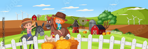 Children in nature farm horizontal landscape scene at day time