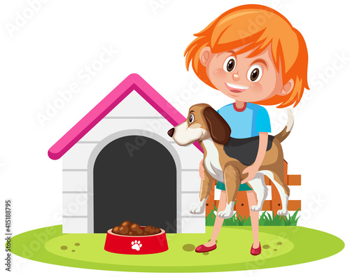 Cute girl holding dog with dog house