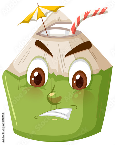 Cute coconut cartoon character with angry face expression on white background