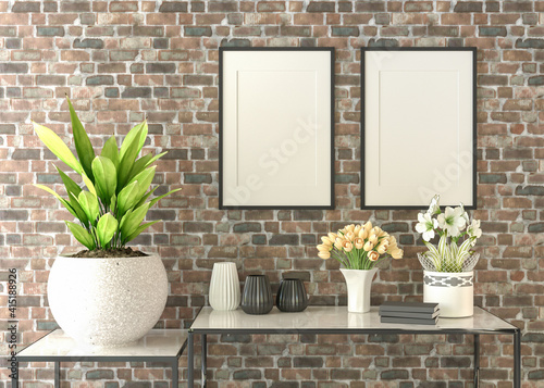 Mock up frames composition with loft interior background, 3D render.