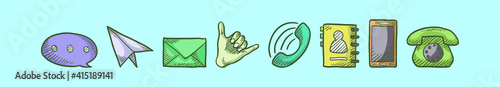 set of contact me cartoon icon design template with various models. vector illustration isolated on blue background