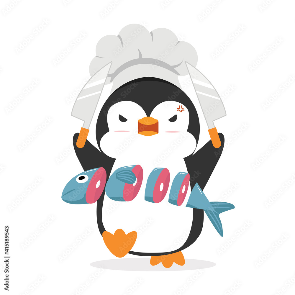 Fototapeta premium Penguin Cook Chef with fish