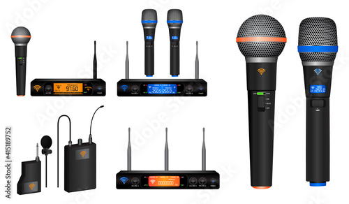 set of realistic wireless microphone or microphone transmitter receiver or module wireless microphone dual channel mic concept. eps 10 vector, easy to modify