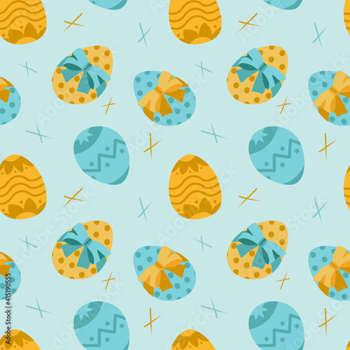 Seamless pattern with an Easter eggs, flat design. Colorful eggs for Easter holidays design concept. Vector illustration for card, poster, paper wrapping