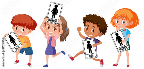 Set of different kid holding toilet sign isolated on white background
