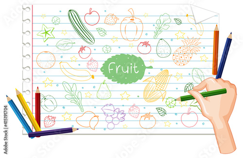 Hand drawing many fruits doodle on paper
