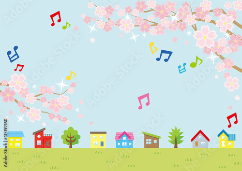 Fototapeta Naklejka Na Ścianę i Meble -  音符つき桜のある春の風景のイラスト(家の並びと空と草原)横長の書式で横書き用
