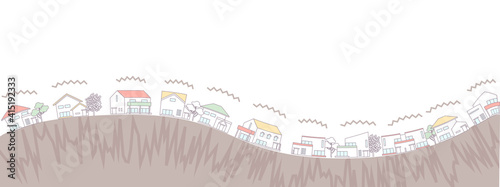 地震で被災して地面が波打っている住宅地のイメージ ベクターイラスト