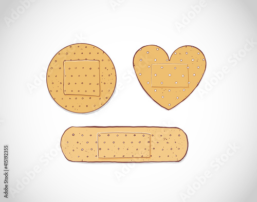 Set of doodle adhesive plasters on white background.