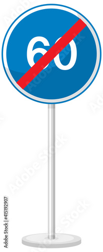 Blue minimum speed limit 60 road sign with stand isolated on white background
