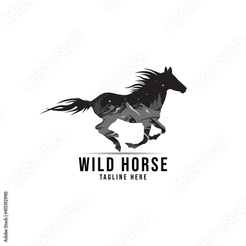 Silhouette of wild horse with panorama of mountains. vector illustration