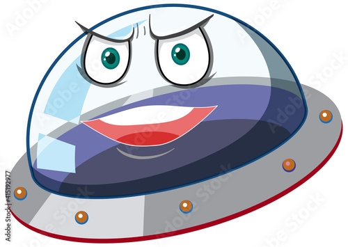 Ufo with angry face expression on white background