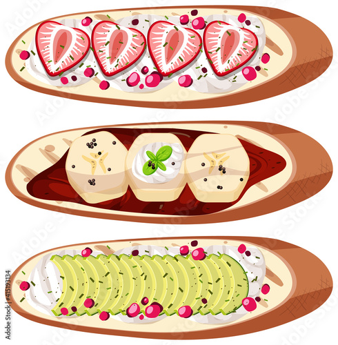 Set of top view of bread with fruit isolated