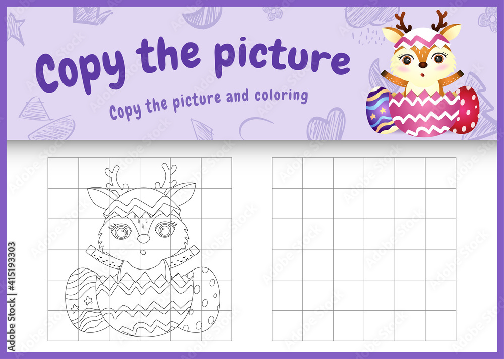 Obraz premium copy the picture kids game and coloring page themed easter with a cute deer in the egg