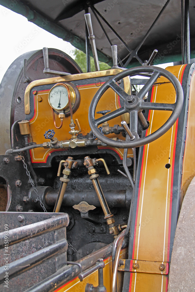 The Cab and Controls of a Vintage Steam Traction Engine.