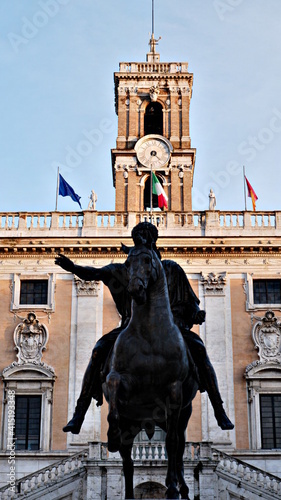 Italy Rome Capitoline hill city square museum buildings and statue illuminated at sunrise photo