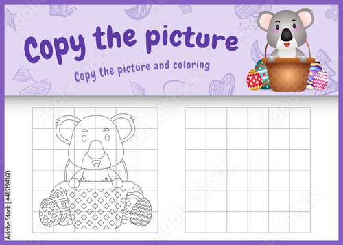 copy the picture kids game and coloring page themed easter with a cute koala in bucket egg