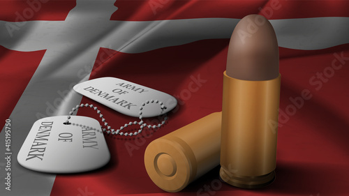 Bullet and military token in national flag of Denmark . 3D rendering photo