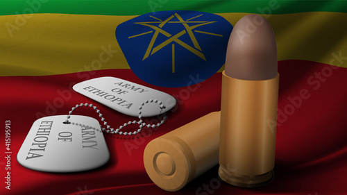 Bullet and military token in national flag of Ethiopia . 3D rendering