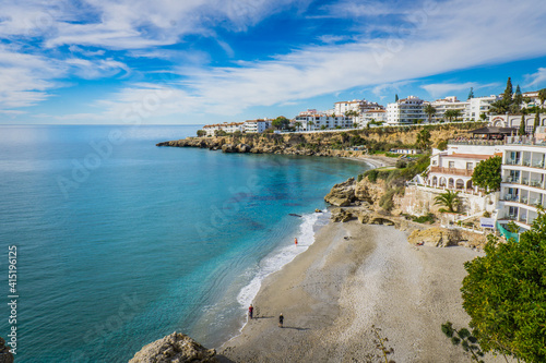 View on Nerja and the Costa del Sol blue waters from the Balcon de Europa in Andalucia (Spain)
