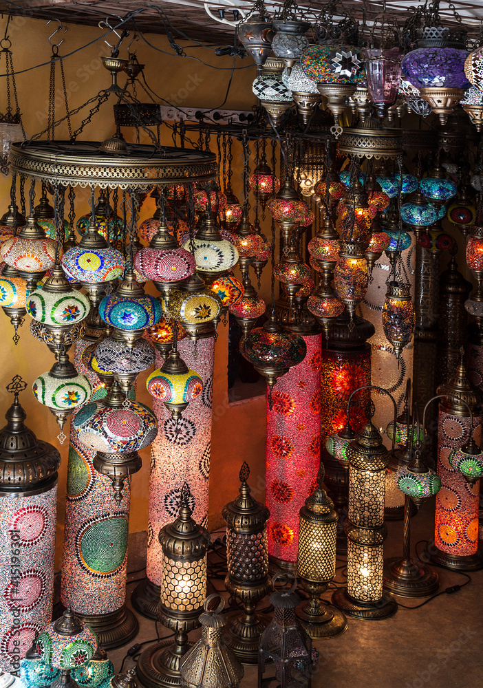 Turkey, Istanbul. Traditional turkish lamps in a small souvenir shop. Handmade mosaic of colored glass.
