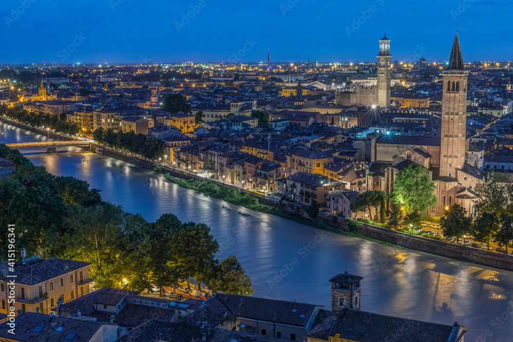 Fototapeta premium Italy, Verona. Looking Down From Castello San Pietro at Twilight