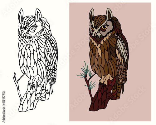 vector drawing coloring book adult owl sitting on a tree with open eyes