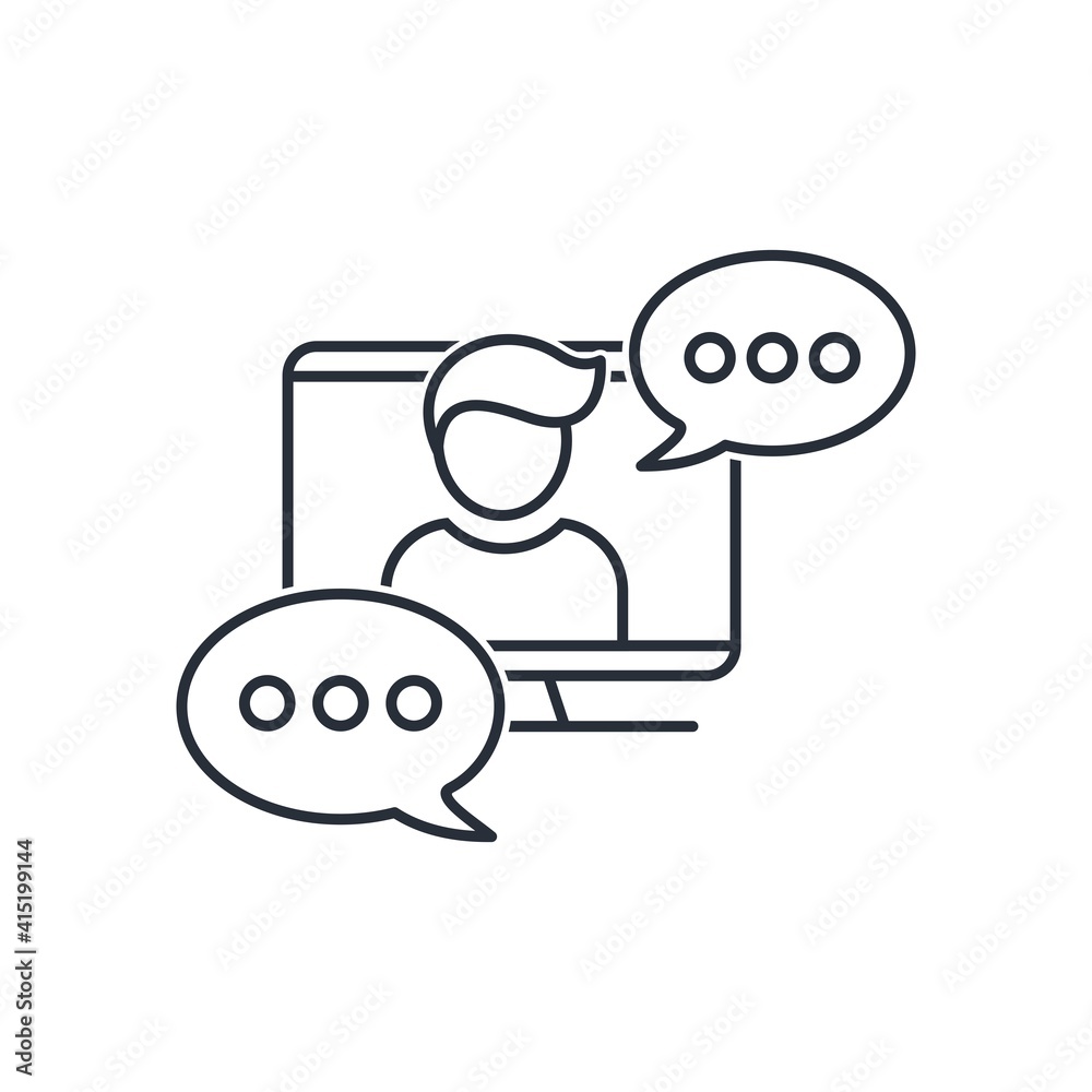 Computer, man, message box. Concept video conference, interview, video call. Vector icon isolated on white background. Computer, man, message box. Concept video conference, interview, video call. Vector icon isolated on white background.